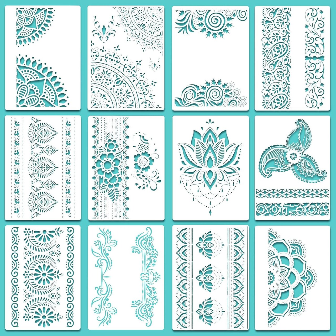 12-Pack Large Mandala Stencils (8.3 x 11.7 in) – Reusable Floral Mandala Painting Templates for DIY Crafts on Walls, Tiles, Furniture, Canvas & Home Decor